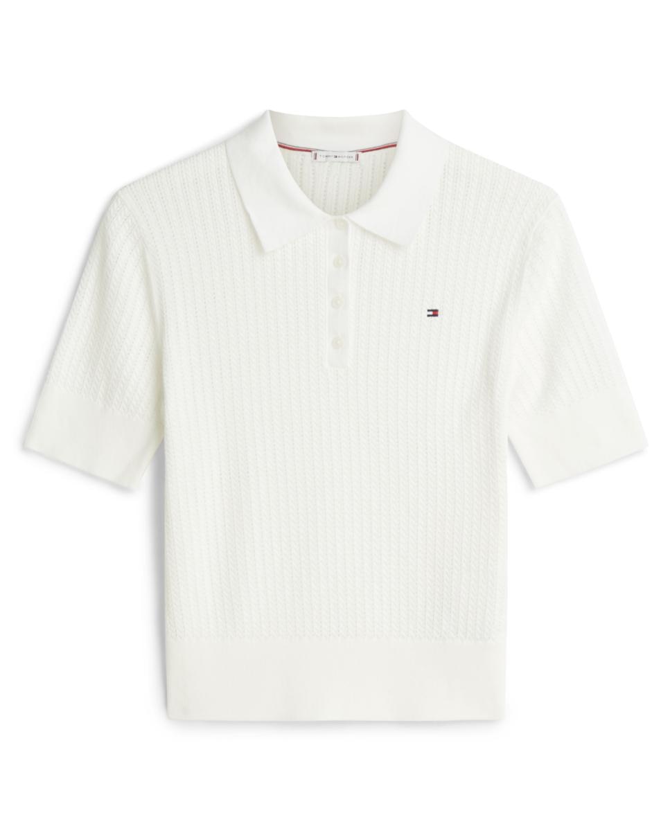 Camisola de Malha Tipo Polo de Pointelle com Manga Curta Branco-4