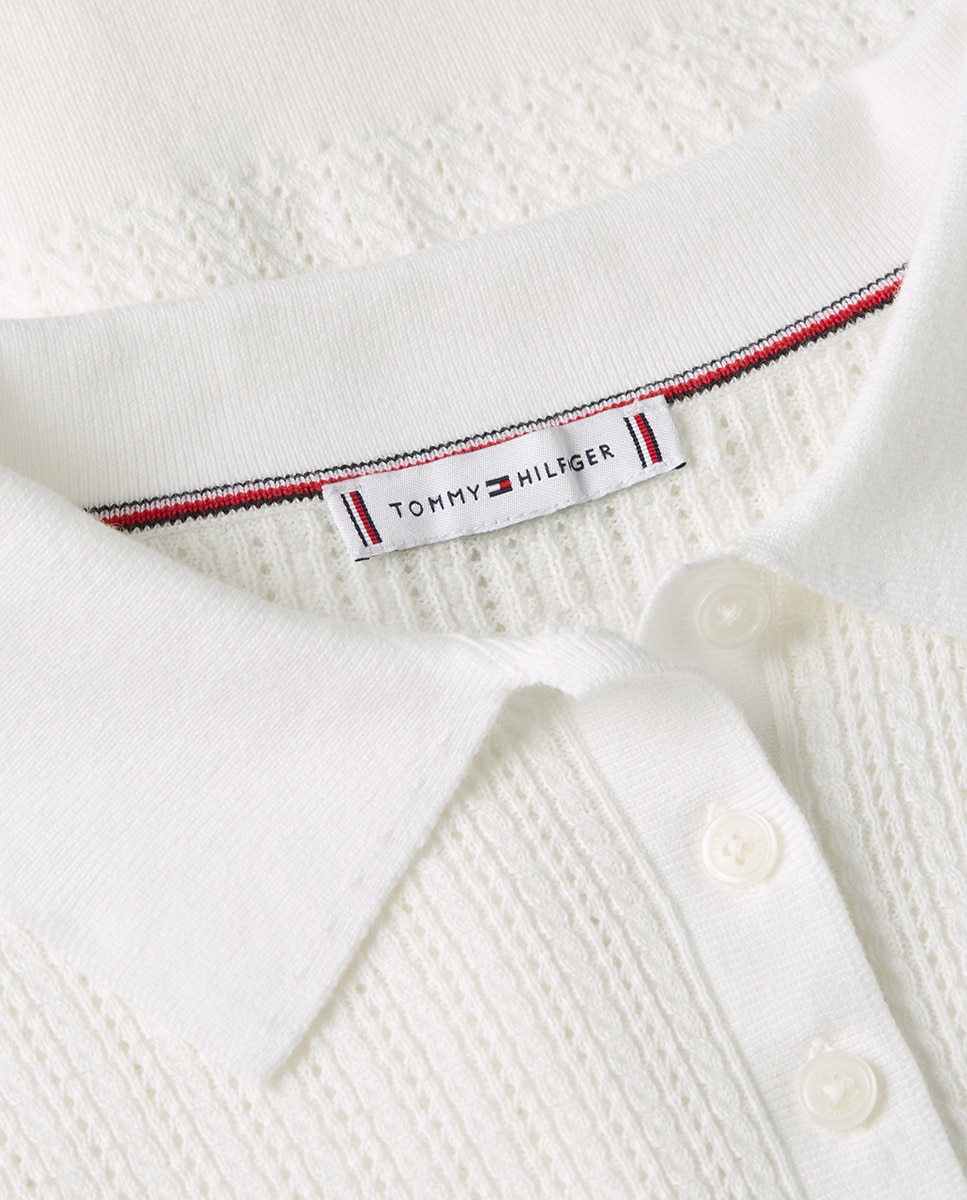 Camisola de Malha Tipo Polo de Pointelle com Manga Curta Branco-6