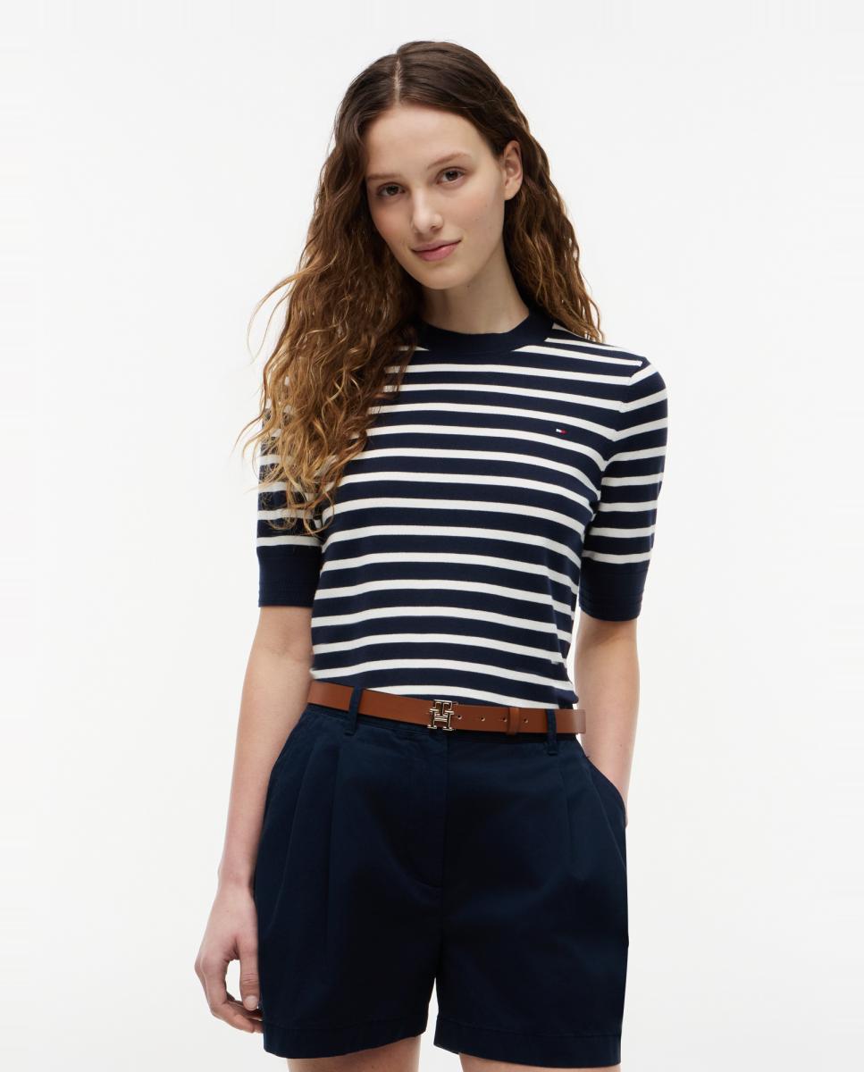 Tommy Hilfiger - Jersey de mujer de punto fino a rayas y manga corta.
