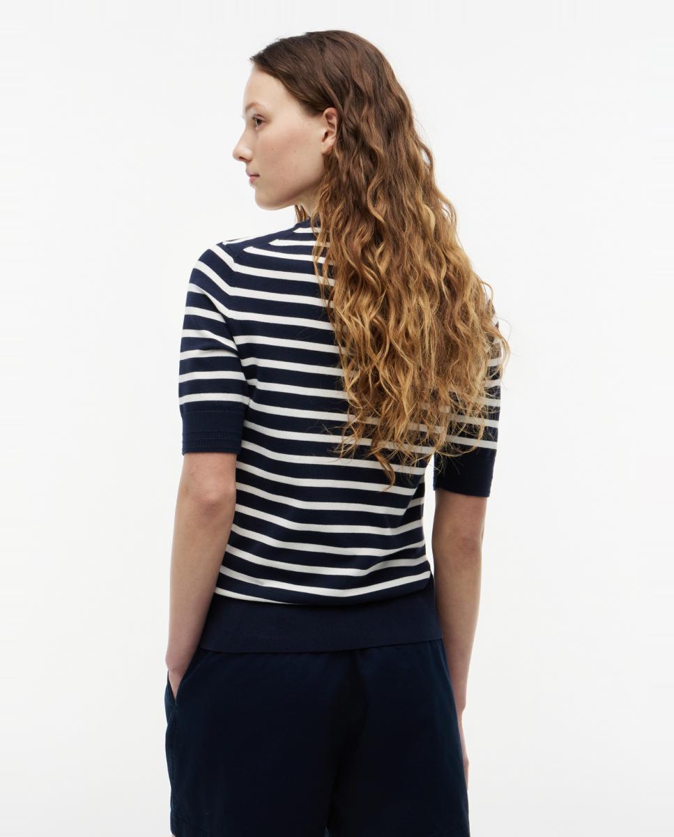 Camisola de Malha Fina às Riscas com Manga Curta Azul-marinho-2