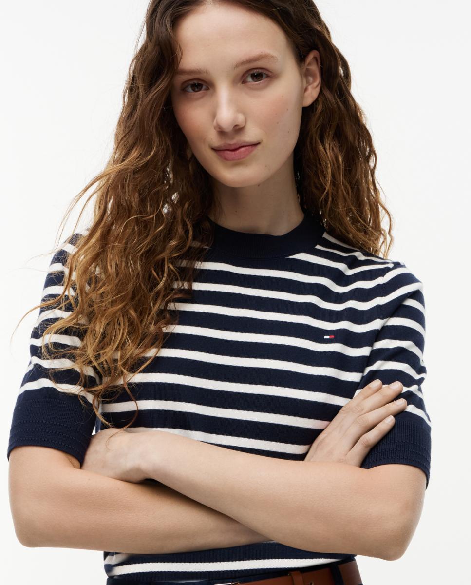 Camisola de Malha Fina às Riscas com Manga Curta Azul-marinho-3