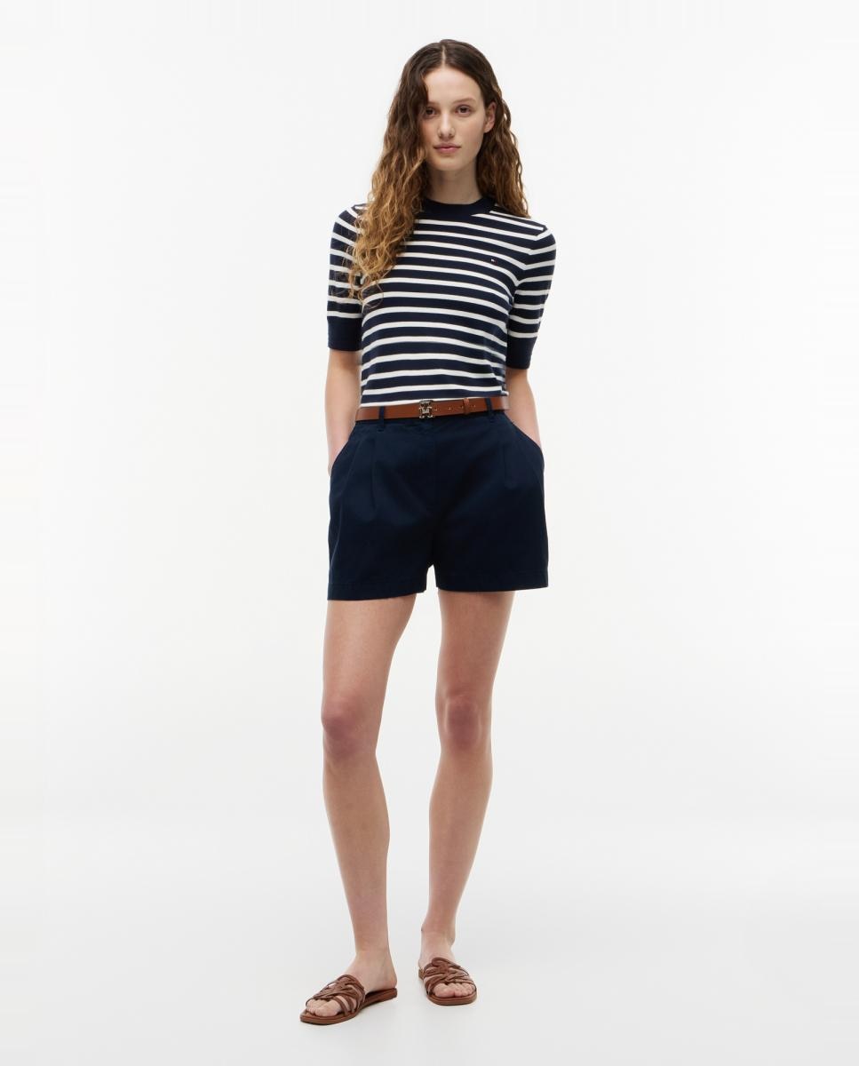 Camisola de Malha Fina às Riscas com Manga Curta Azul-marinho-8