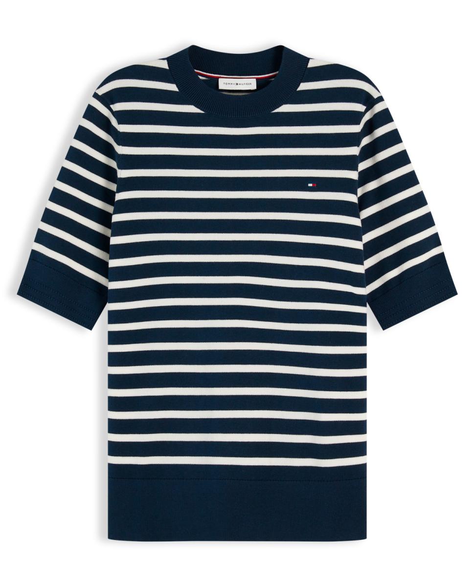 Camisola de Malha Fina às Riscas com Manga Curta Azul-marinho-4