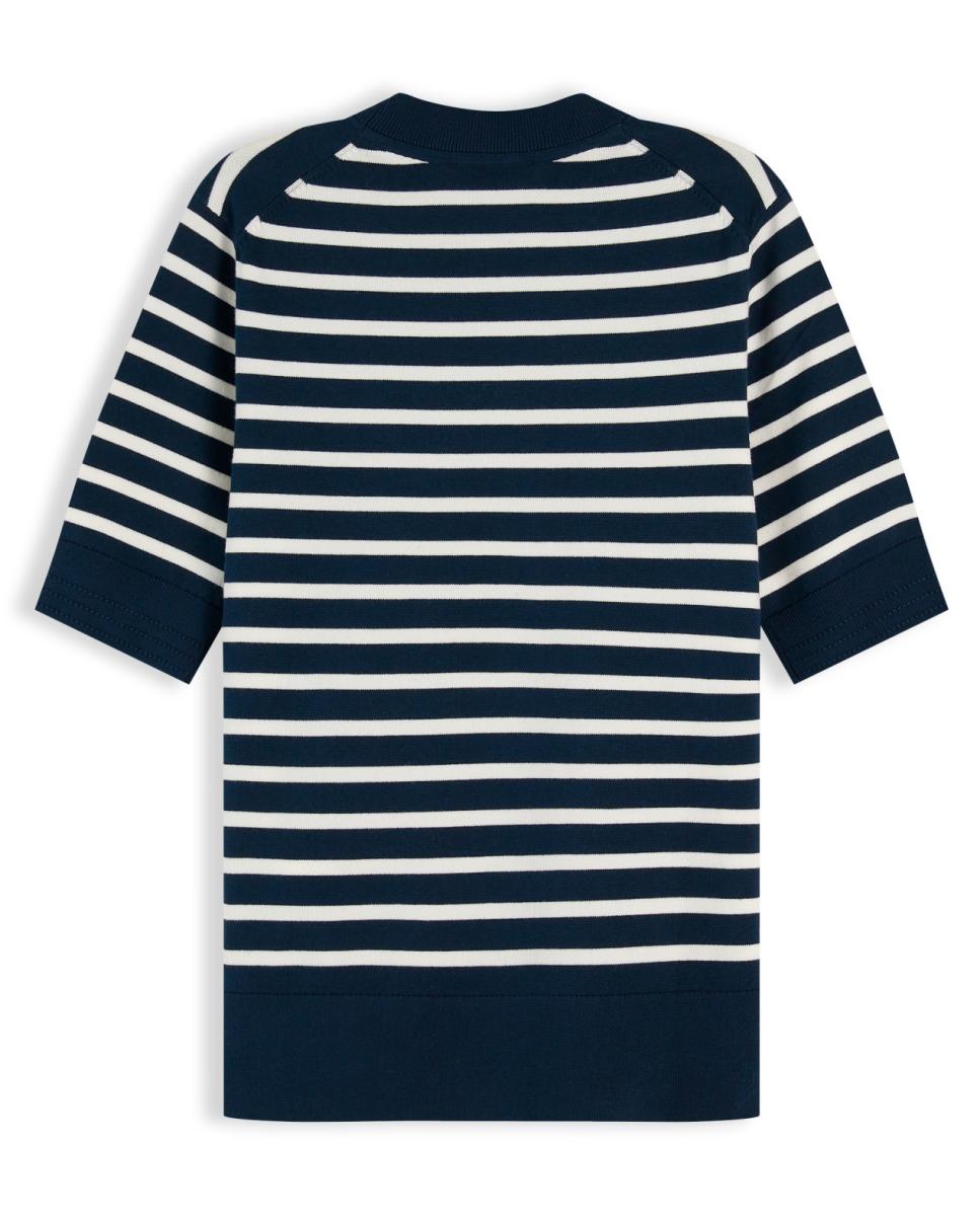 Camisola de Malha Fina às Riscas com Manga Curta Azul-marinho-5