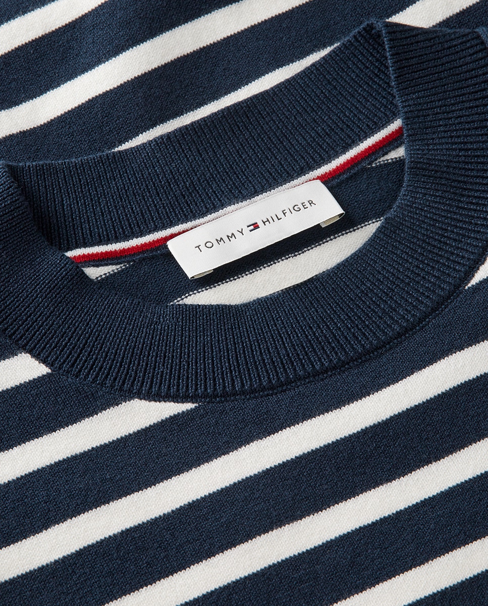 Camisola de Malha Fina às Riscas com Manga Curta Azul-marinho-6