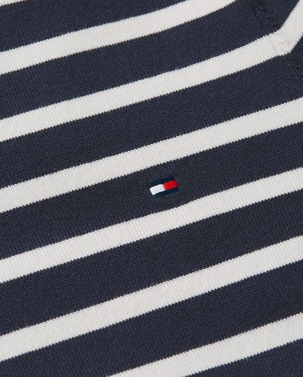 Camisola de Malha Fina às Riscas com Manga Curta Azul-marinho-7