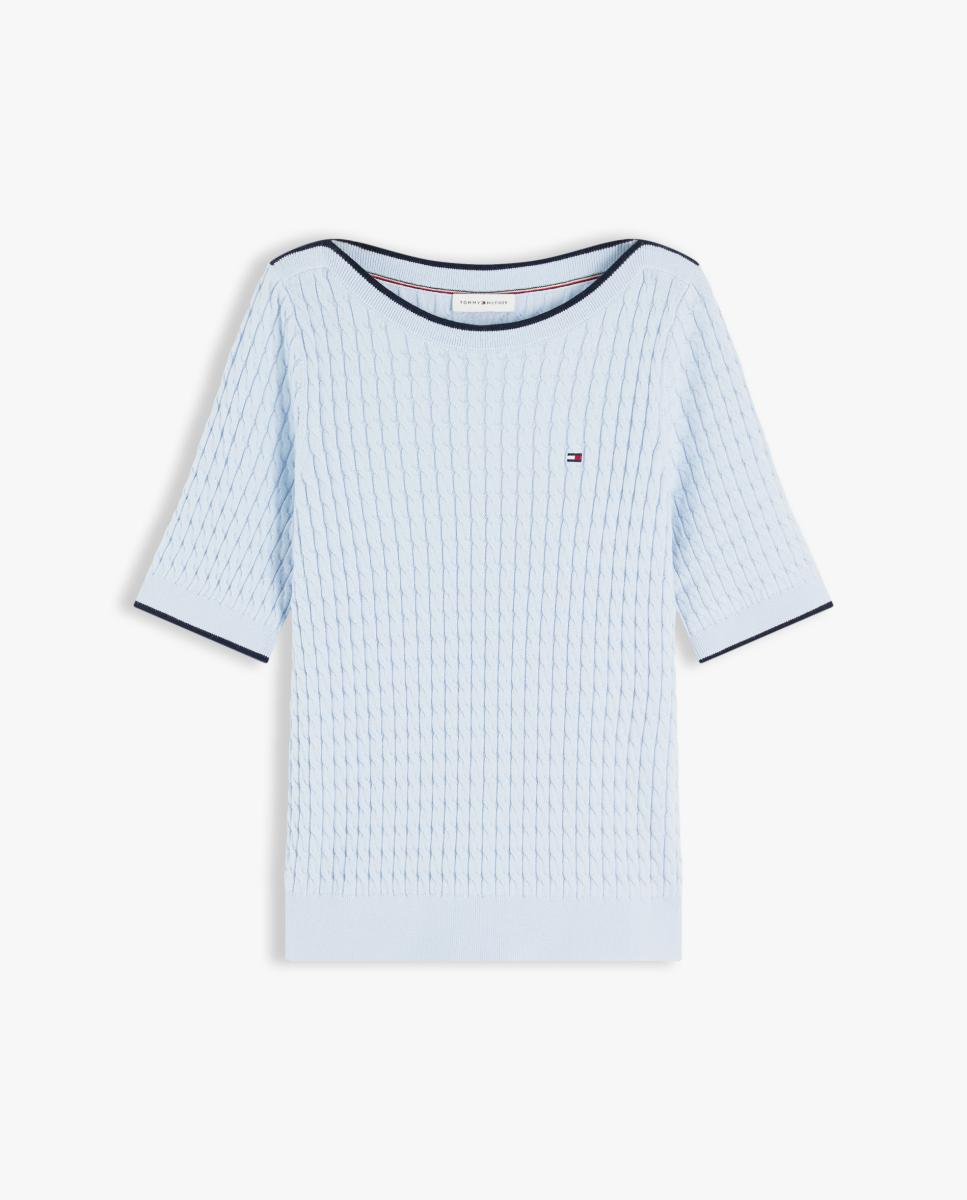 Camisola de malha com manga curta e decote à barco Azul-claro-5