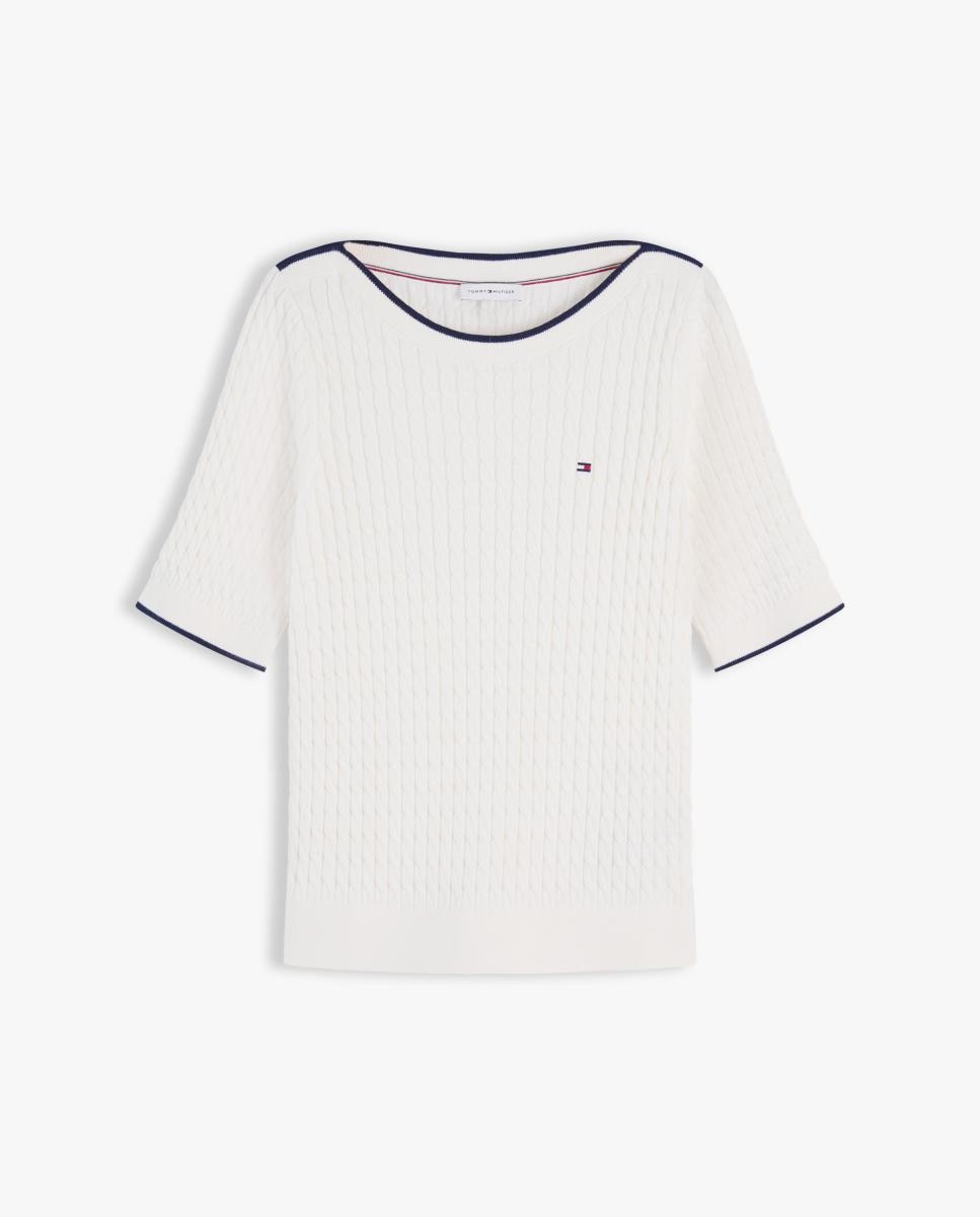 Camisola de malha com manga curta e decote à barco Cru-5