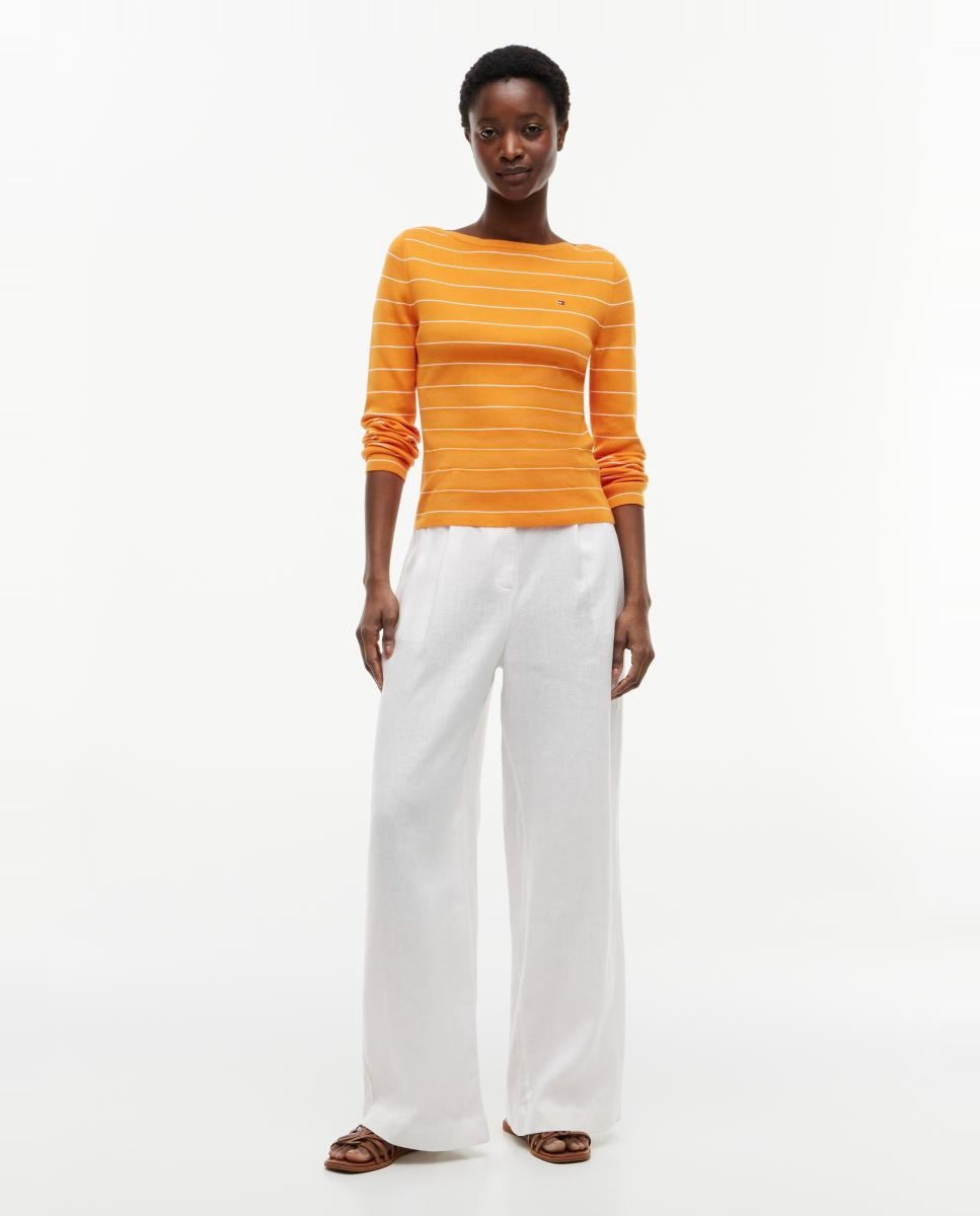 Camisola de Malha Fina com Decote à Barco Laranja-2