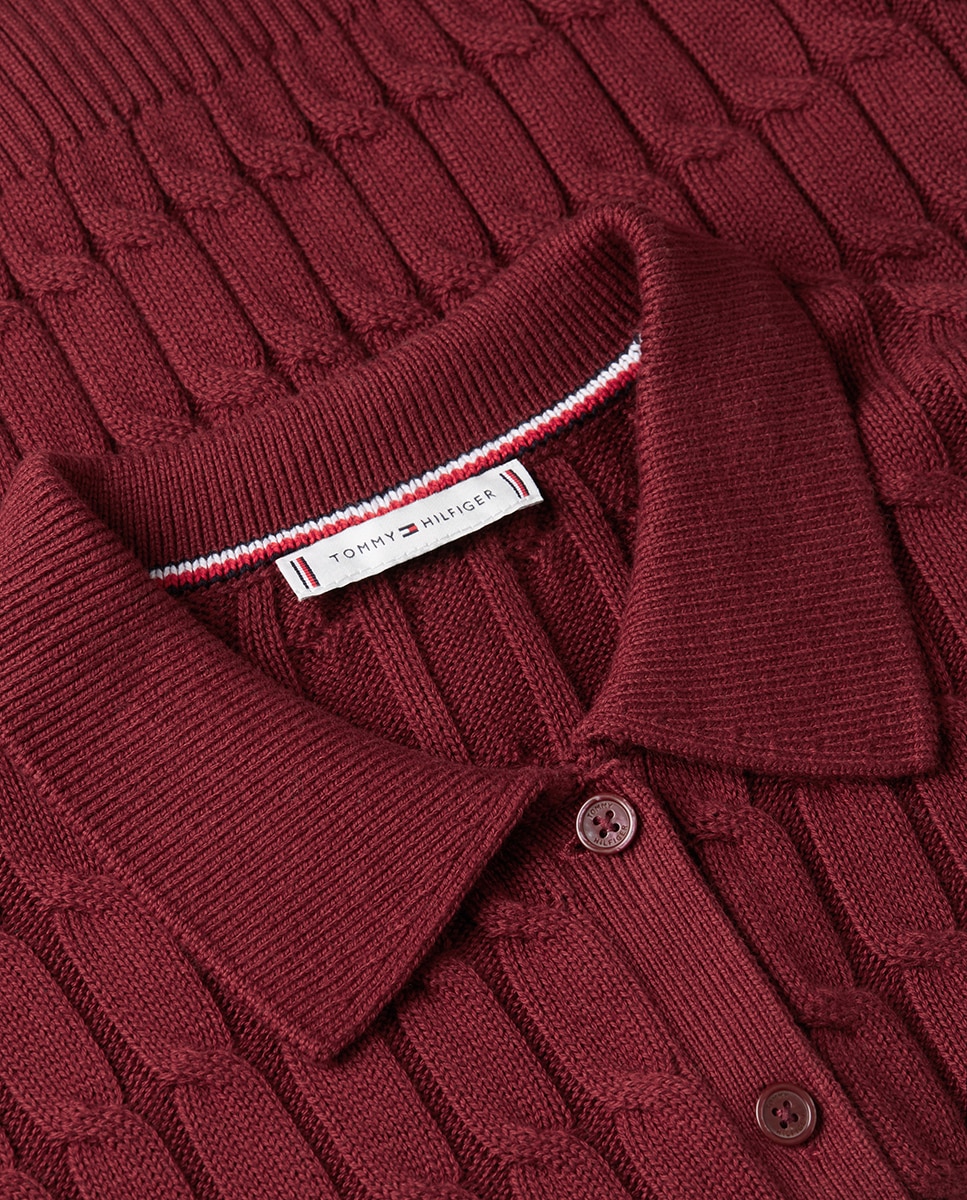 Cardigan de Malha do Cabo com Colarinho de Polo Bordeaux-3