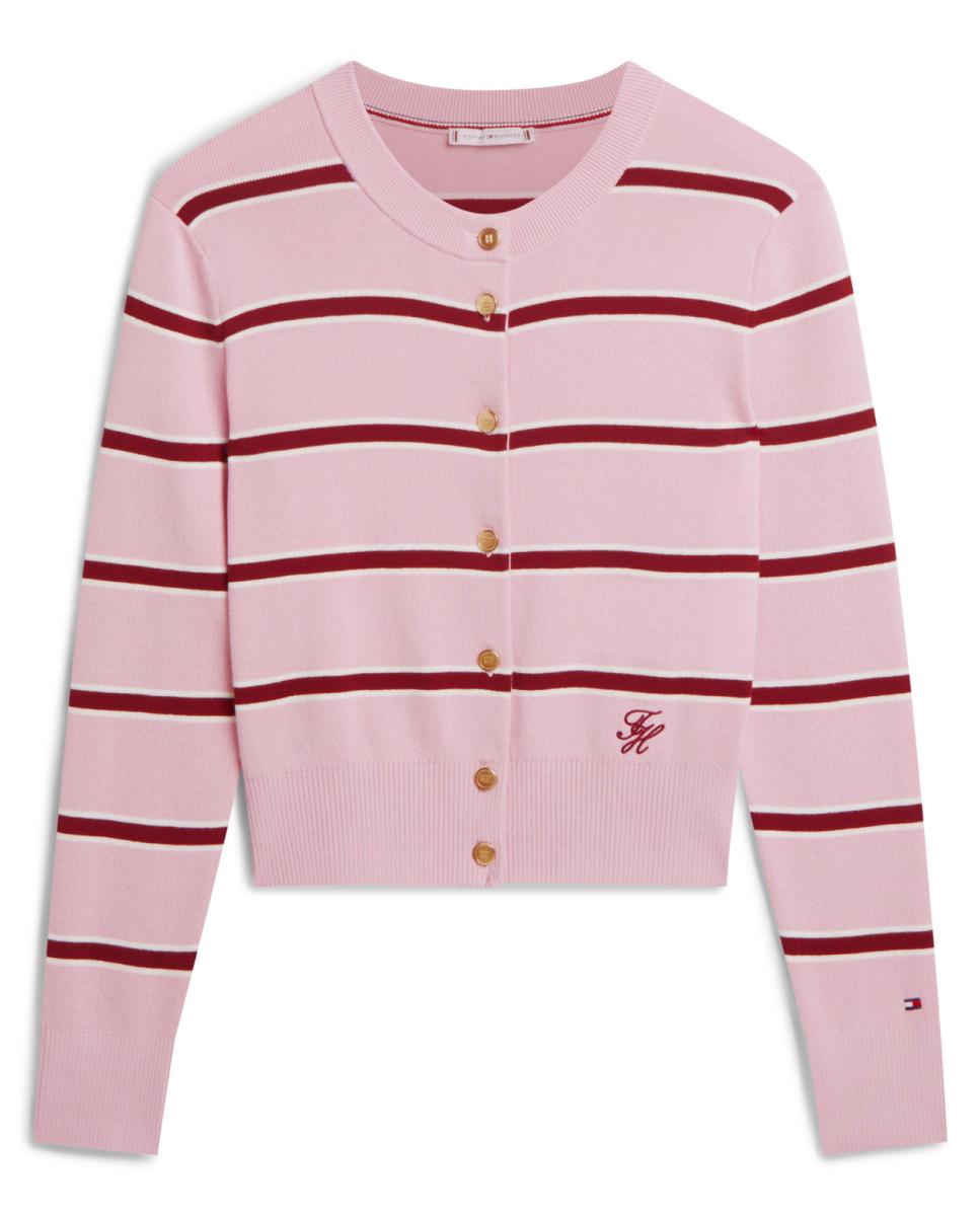 Cardigan às Riscas com Botões Dourados Rosa-1