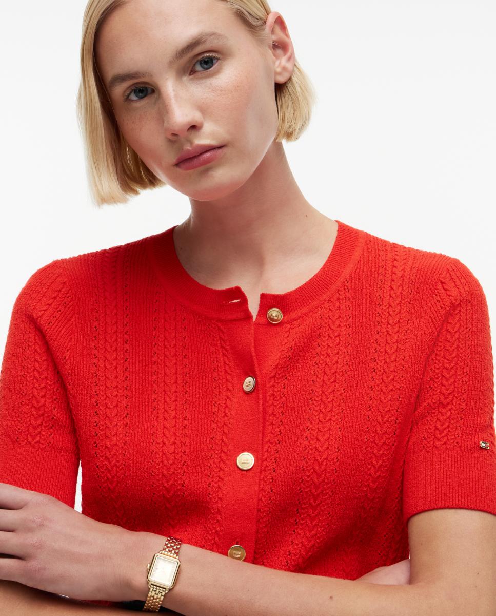 Cardigan de Malha Rendilhada com Manga Curta Vermelho-3