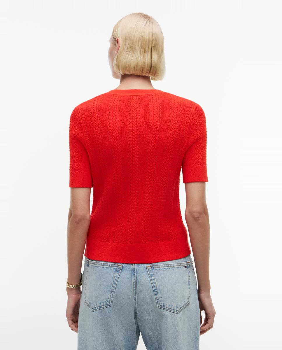 Cardigan de Malha Rendilhada com Manga Curta Vermelho-4