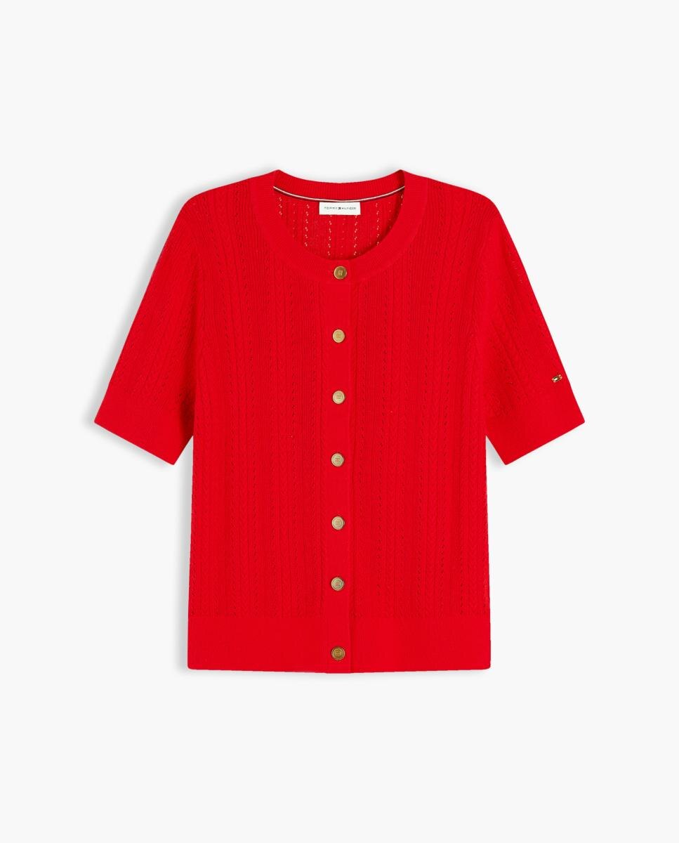 Cardigan de Malha Rendilhada com Manga Curta Vermelho-5