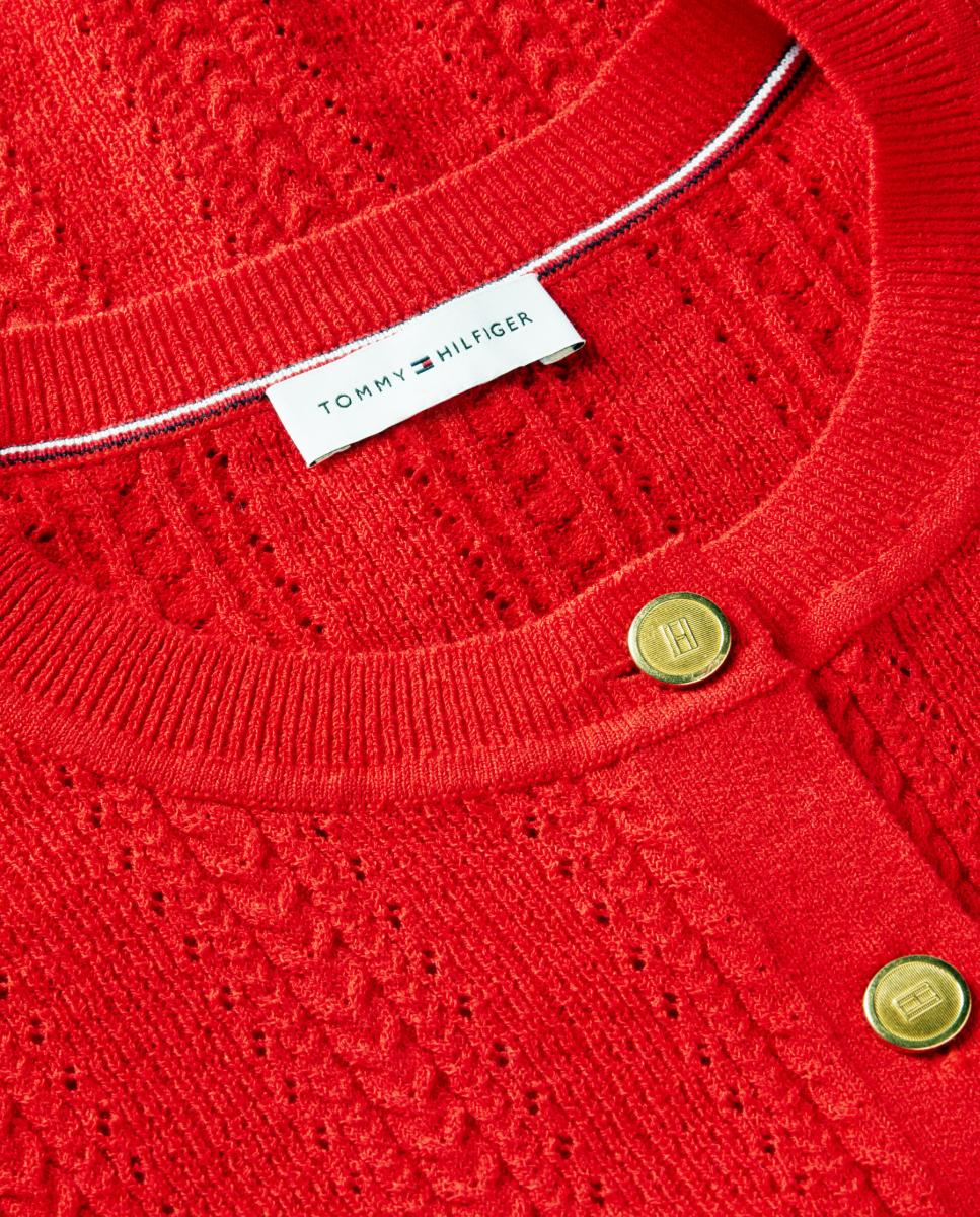 Cardigan de Malha Rendilhada com Manga Curta Vermelho-6