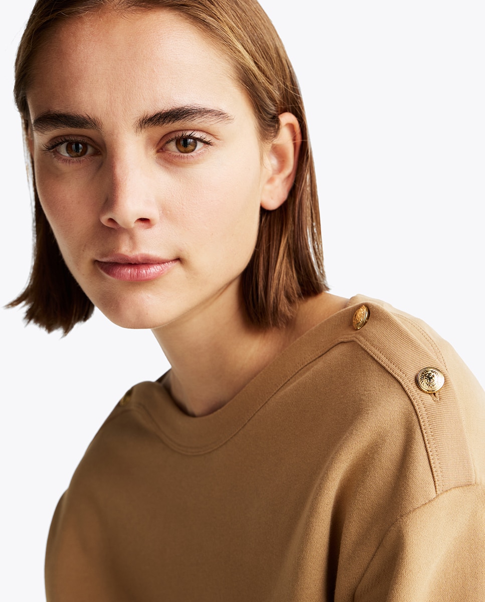 Sweatshirt sem Capuz com Botões Dourados nos Ombros Camel-3