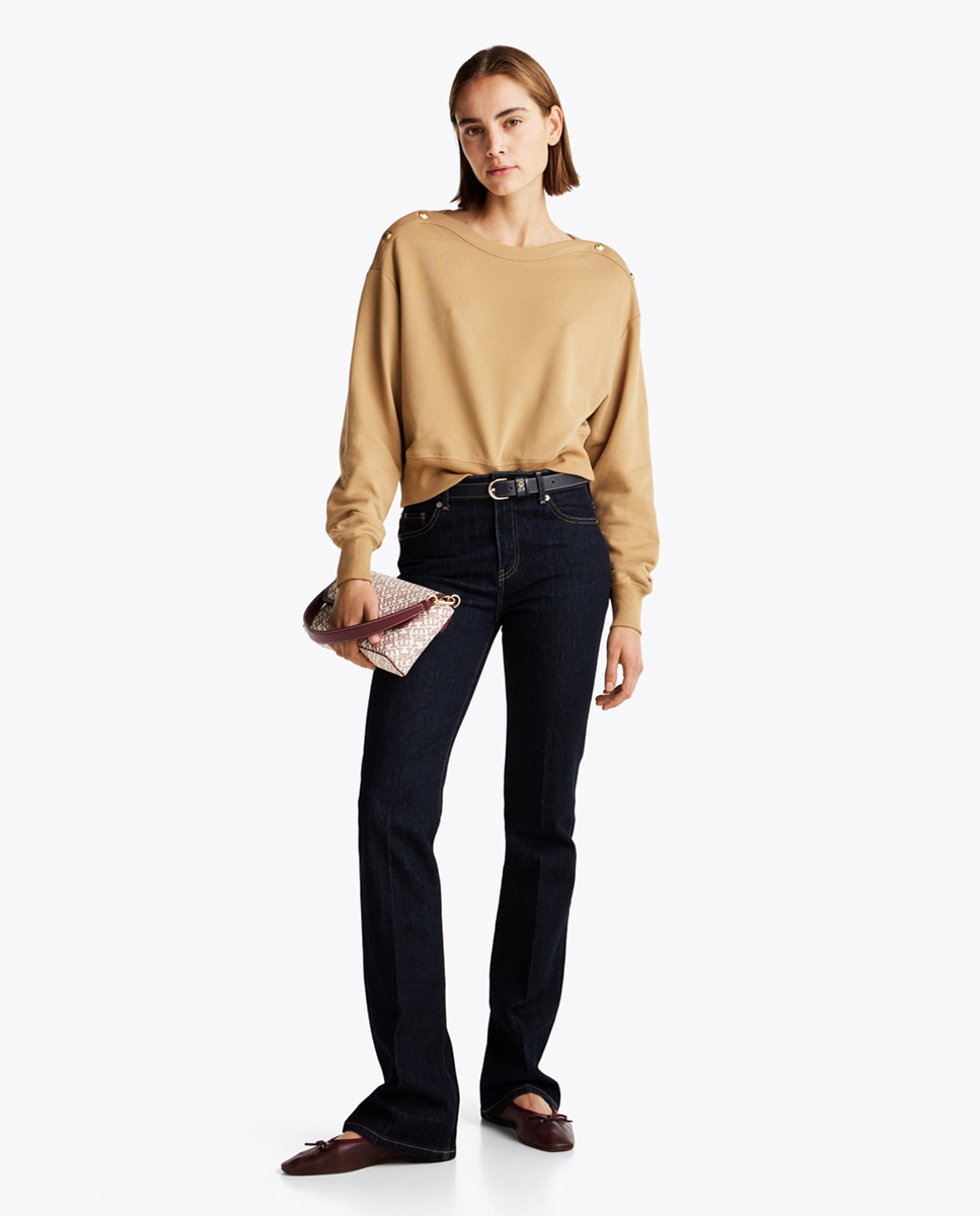 Sweatshirt sem Capuz com Botões Dourados nos Ombros Camel-6