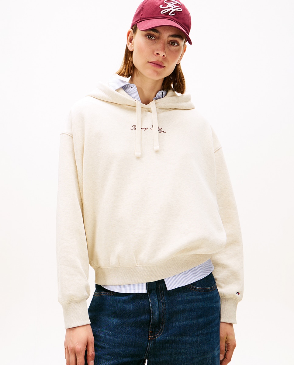 Sweatshirt com Capuz e Logótipo Engomado Creme-1