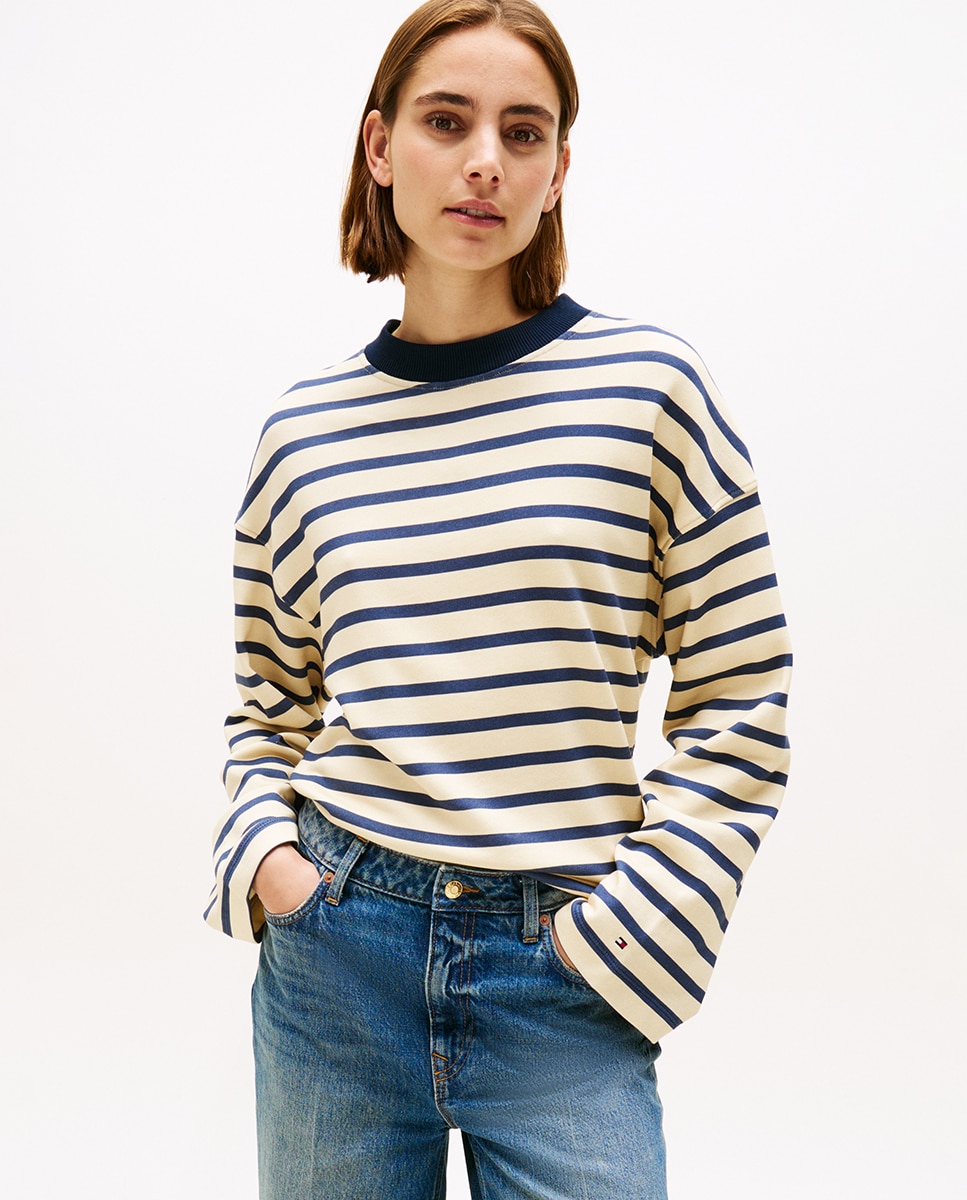 Sweatshirt às Riscas com Detalhe de Botões Dourados Azul-marinho-1