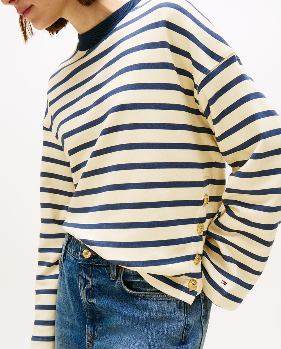 Sweatshirt às Riscas com Detalhe de Botões Dourados Azul-marinho-3