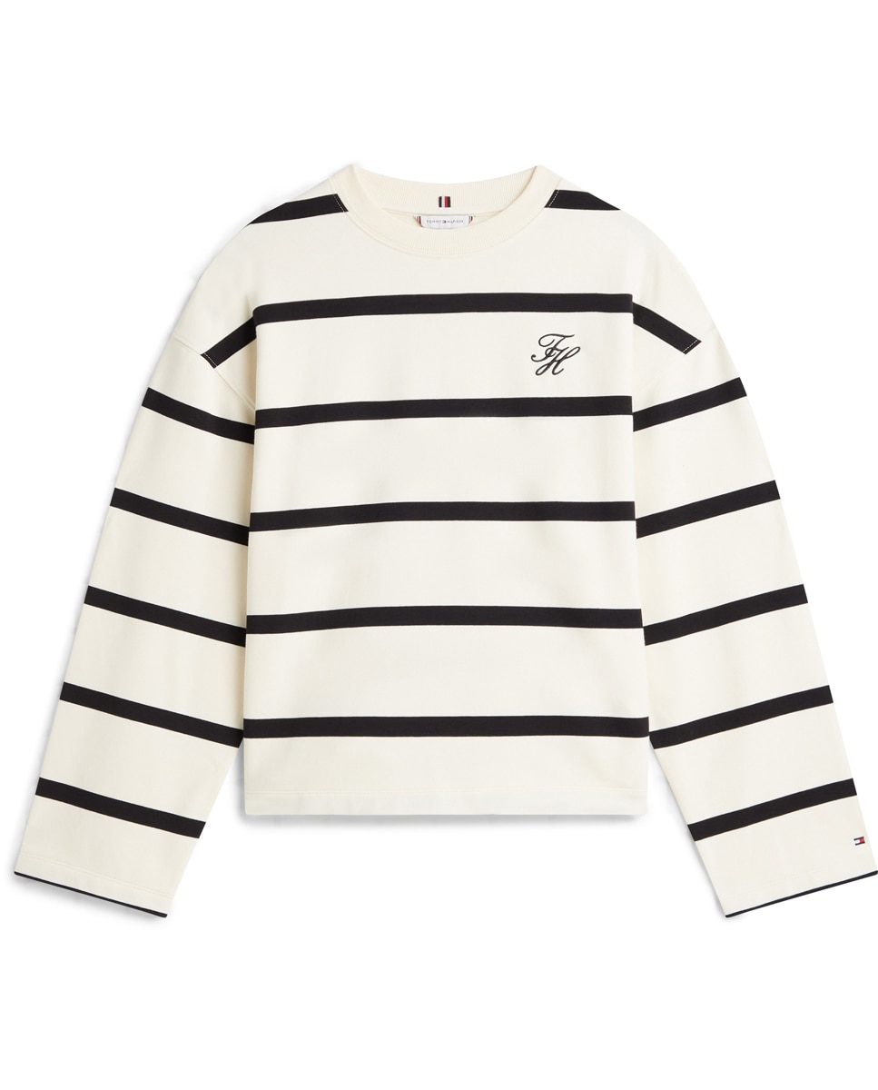 Sweatshirt às Riscas com Logótipo Bordado Creme-3