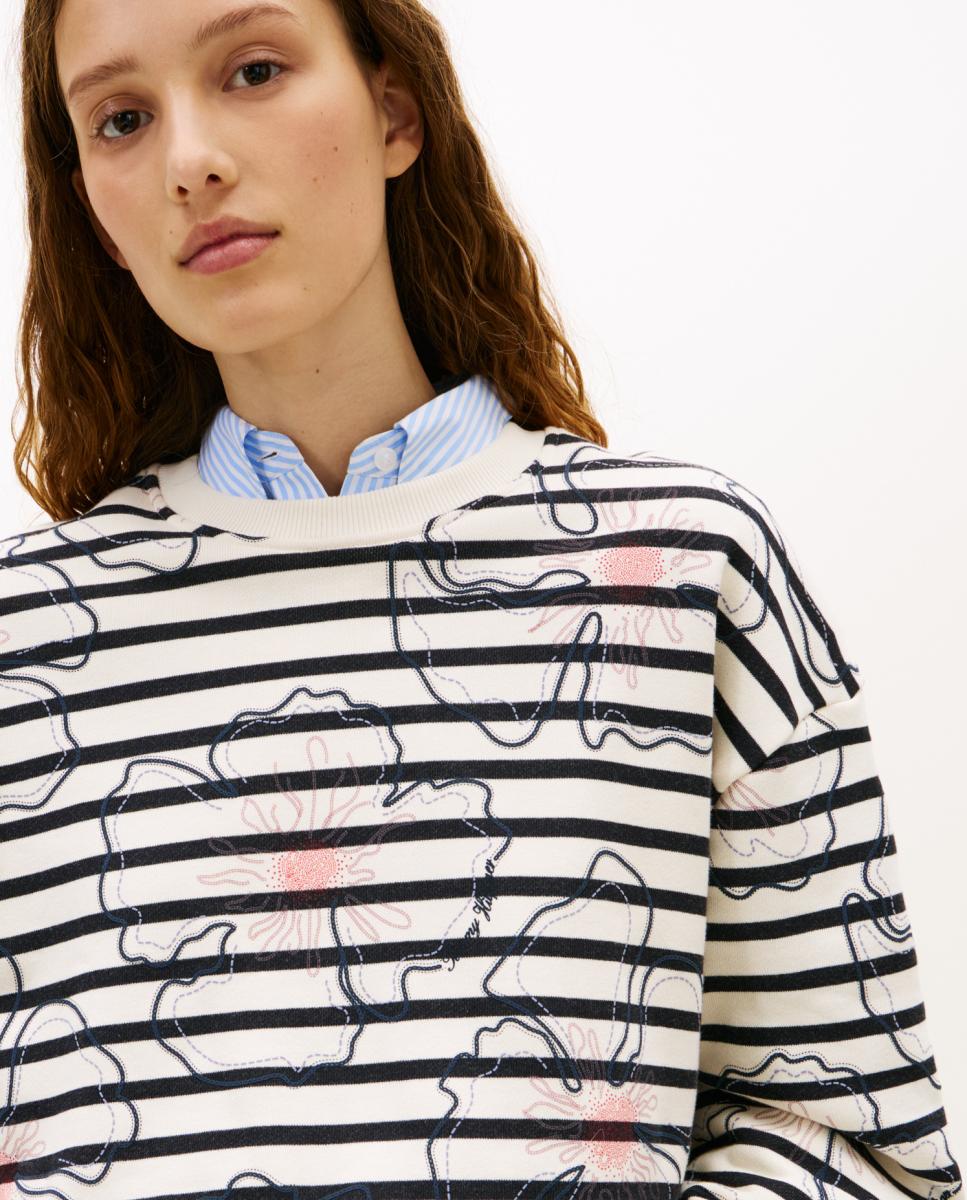 Sweatshirt às Riscas com Estampado Floral Gráfico Azul-marinho-3