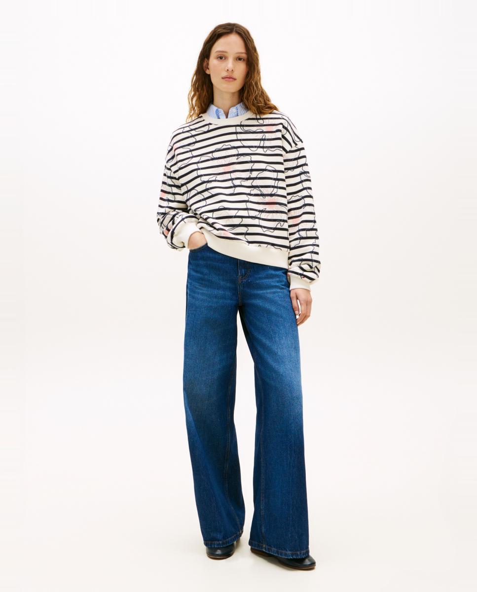 Sweatshirt às Riscas com Estampado Floral Gráfico Azul-marinho-8