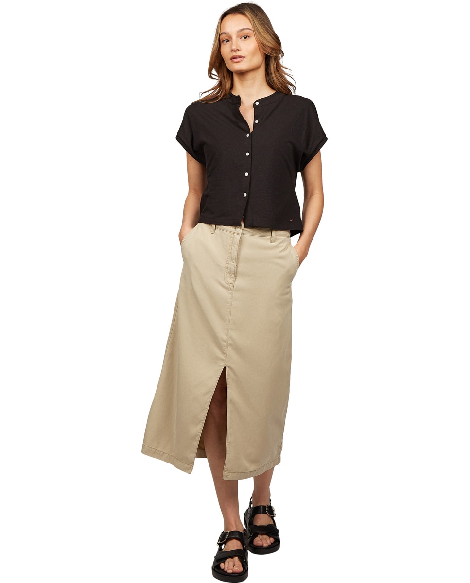 Saia Midi Regular com Abertura Bege-1