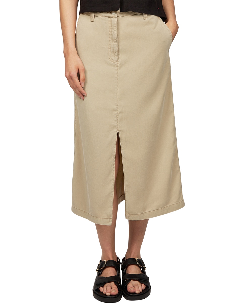 Saia Midi Regular com Abertura Bege-2