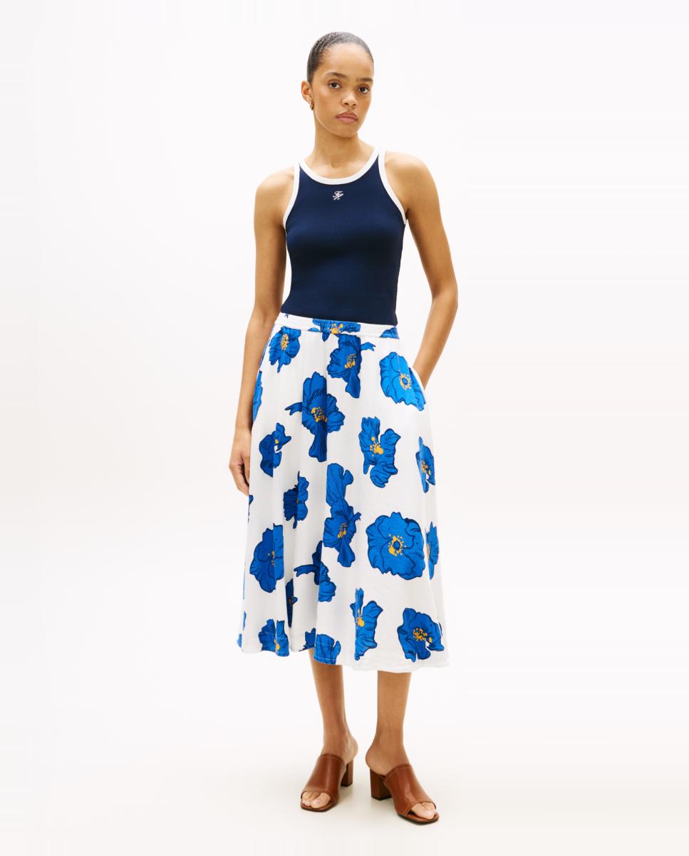 Imagem 0 de Saia Midi em Mistura de Linho e Viscose com Estampado Floral