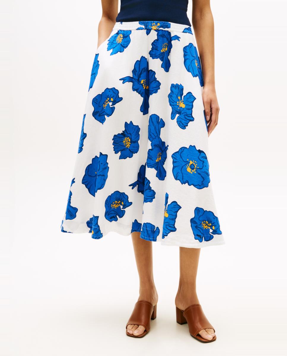 Saia Midi em Mistura de Linho e Viscose com Estampado Floral Azul-índigo-2