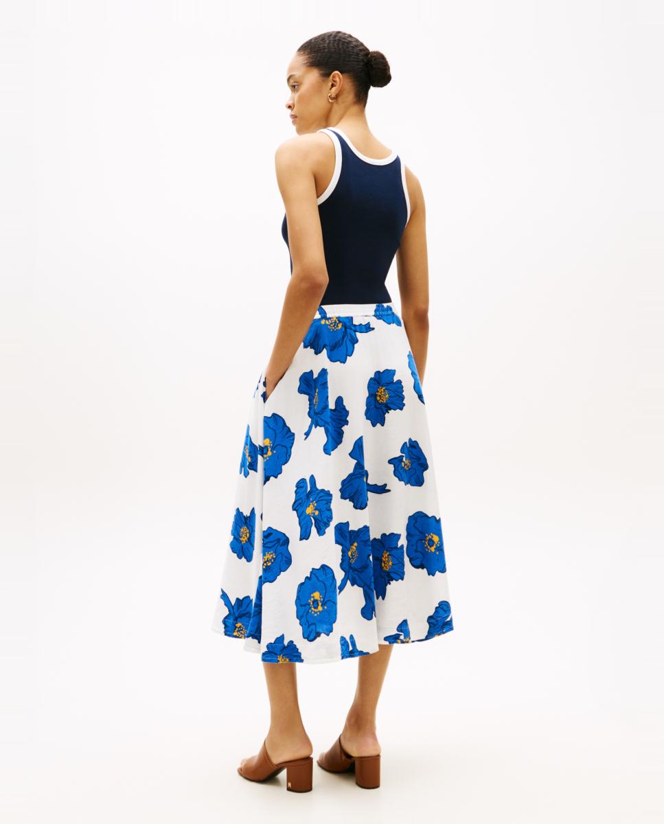 Saia Midi em Mistura de Linho e Viscose com Estampado Floral Azul-índigo-3