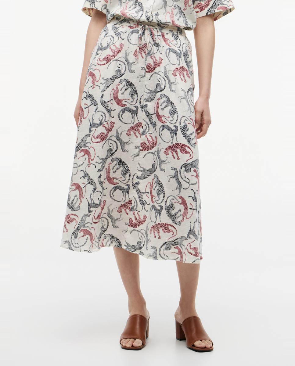 Saia Midi de Linho com Animal Print de Leopardo Cru-2