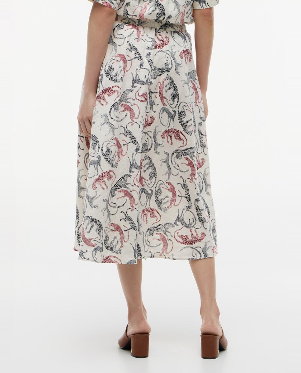 Saia Midi de Linho com Animal Print de Leopardo Cru-3