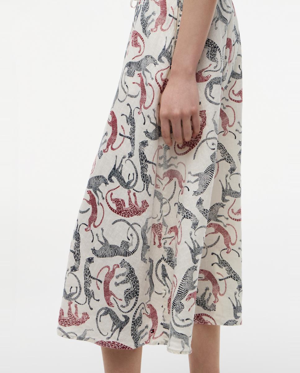 Saia Midi de Linho com Animal Print de Leopardo Cru-4