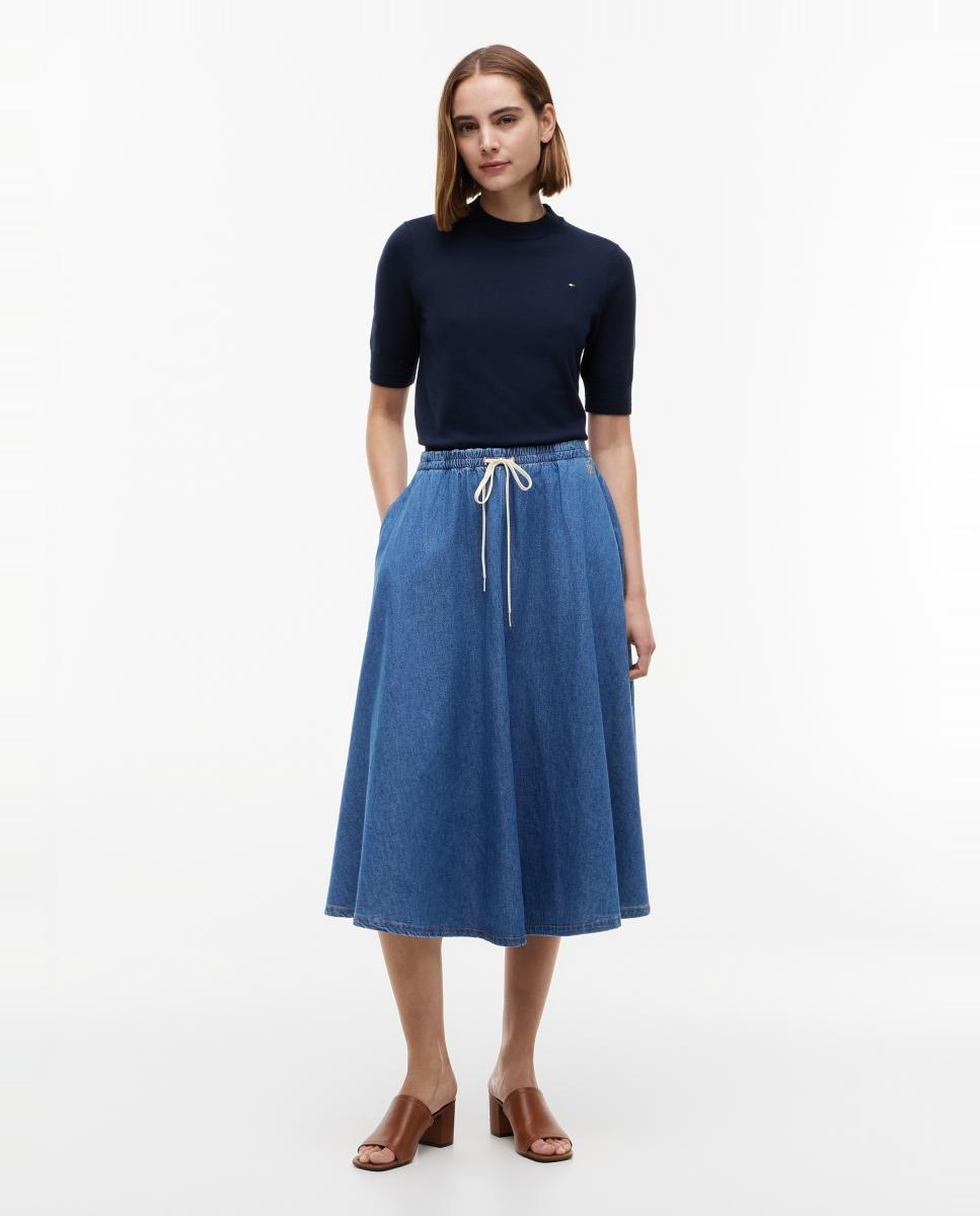 Imagem 0 de Saia Midi de Ganga de Tencel com Cintura Elástica
