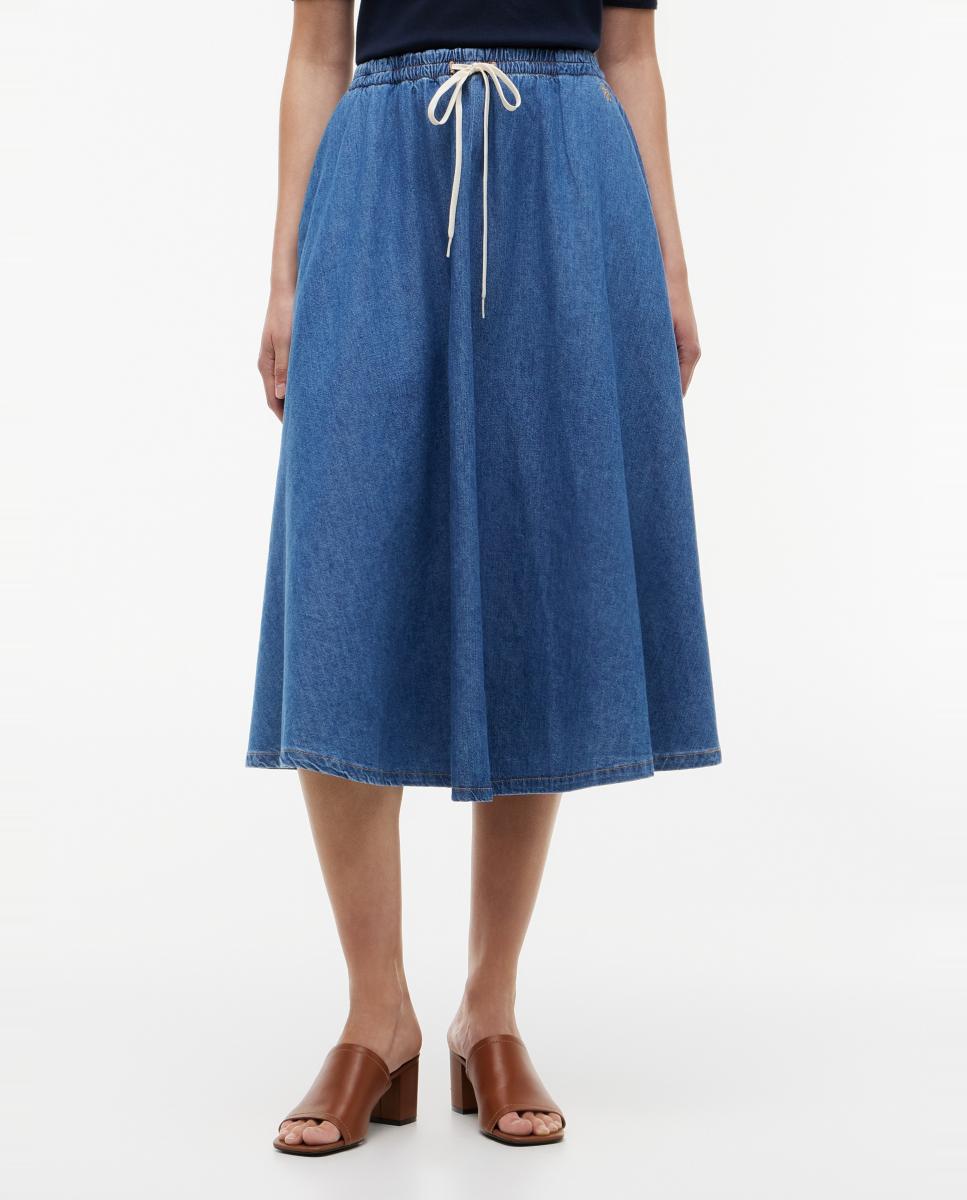 Saia Midi de Ganga de Tencel com Cintura Elástica Azul-2