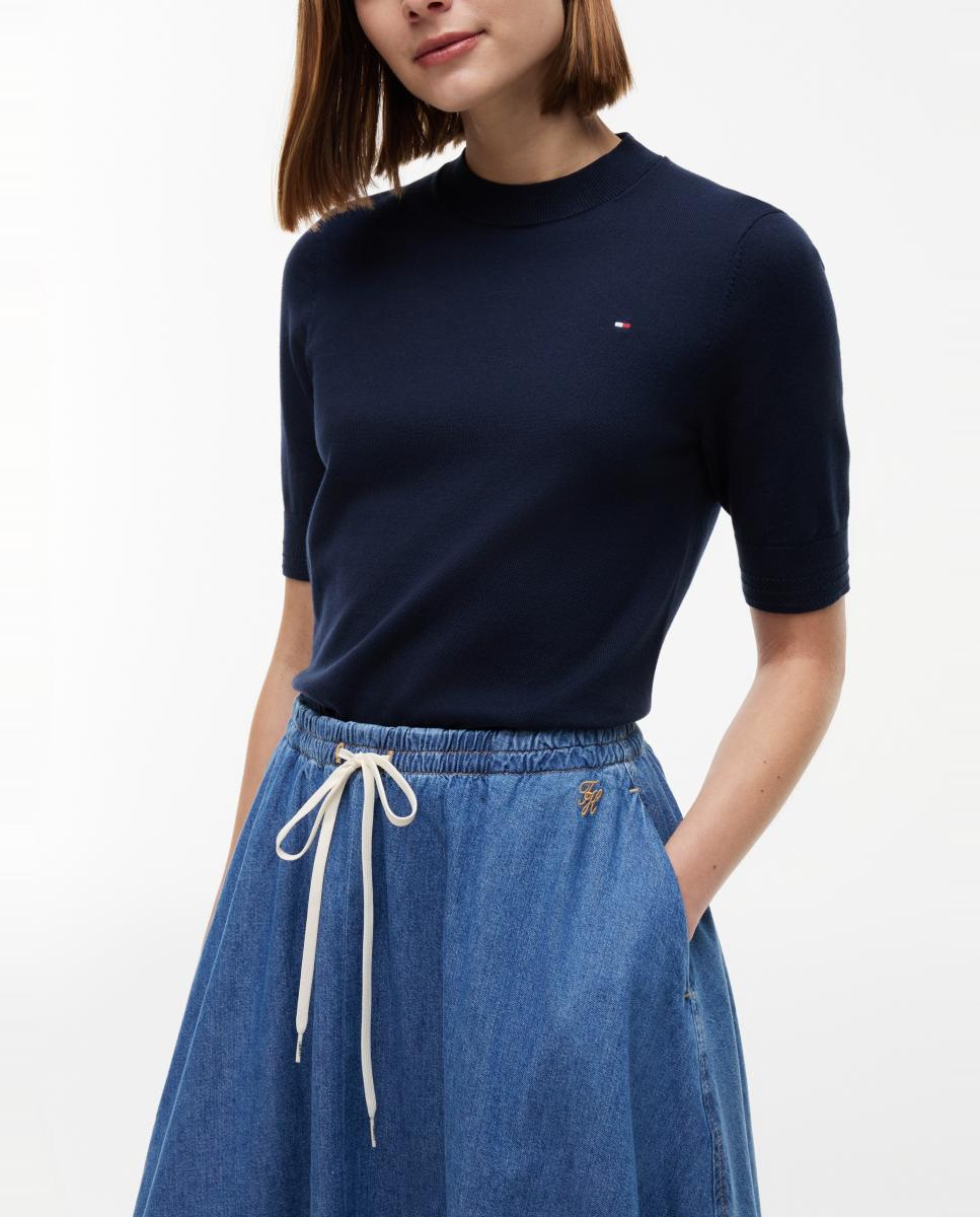 Saia Midi de Ganga de Tencel com Cintura Elástica Azul-3