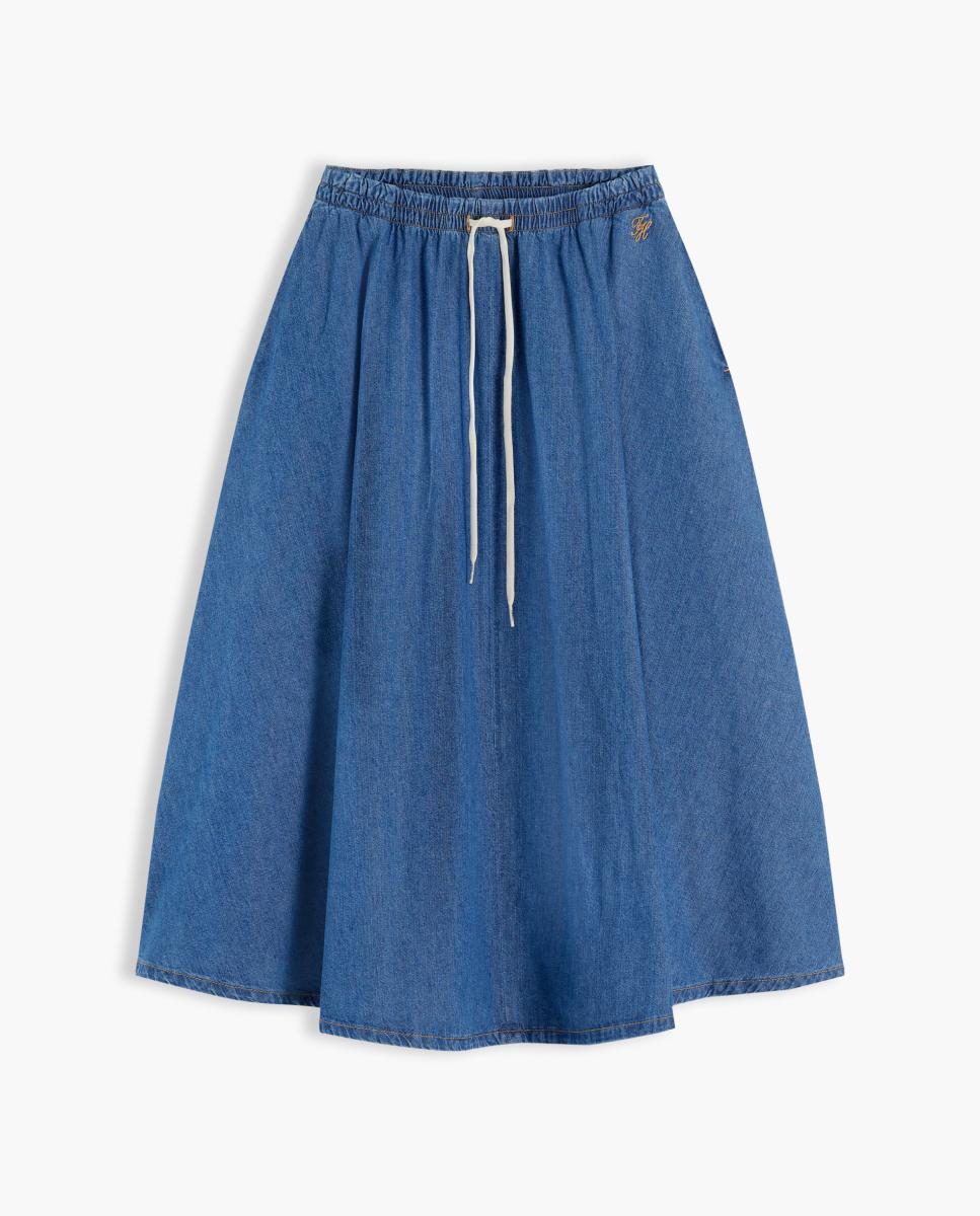 Saia Midi de Ganga de Tencel com Cintura Elástica Azul-5