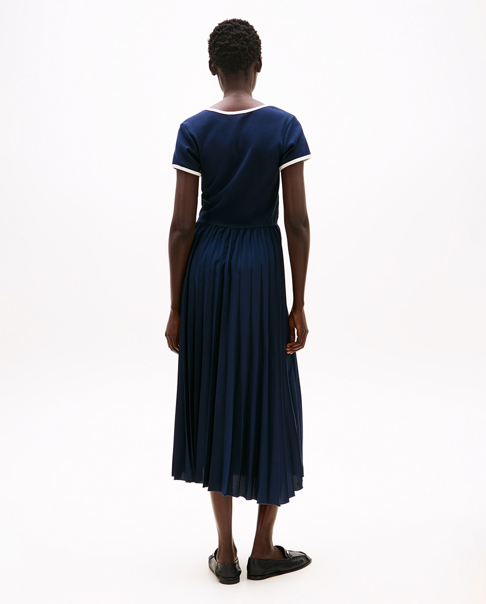Vestido Midi Plissado de Manga Curta Azul-marinho-2
