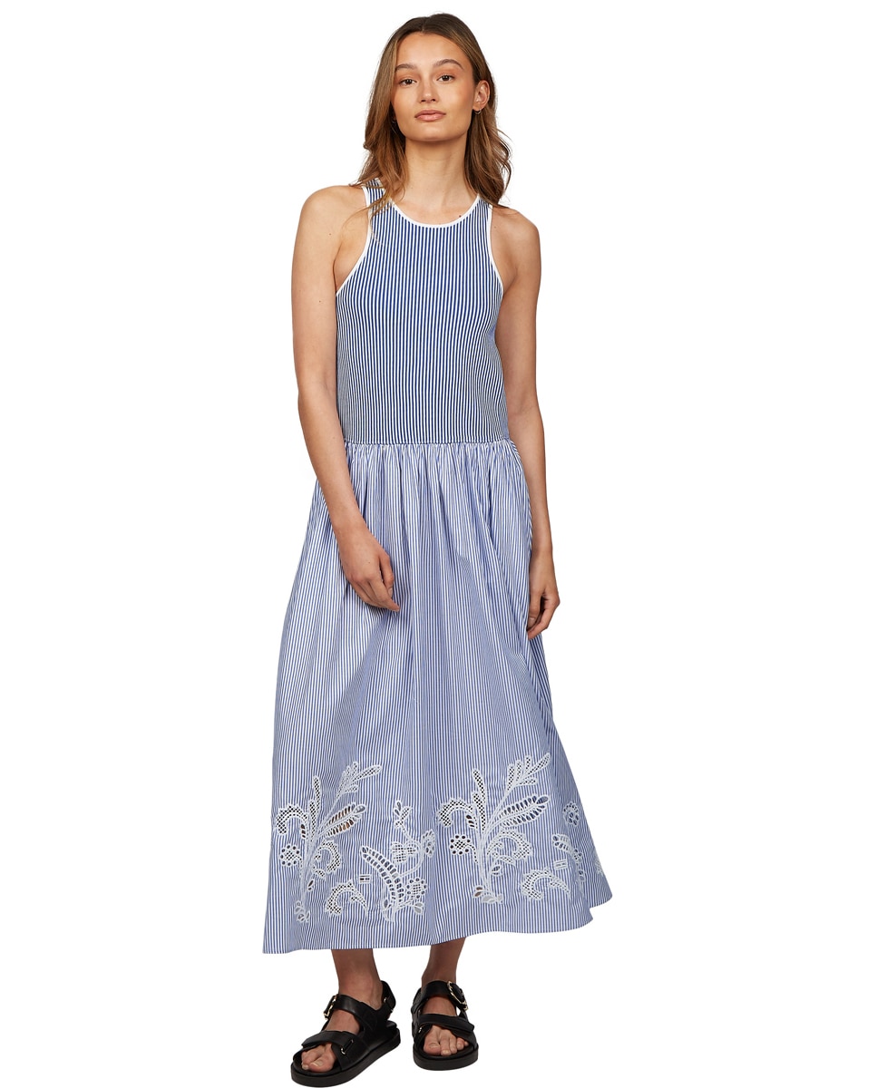 Vestido Midi sem Mangas e com Bordados Anglaise Azul-claro-1