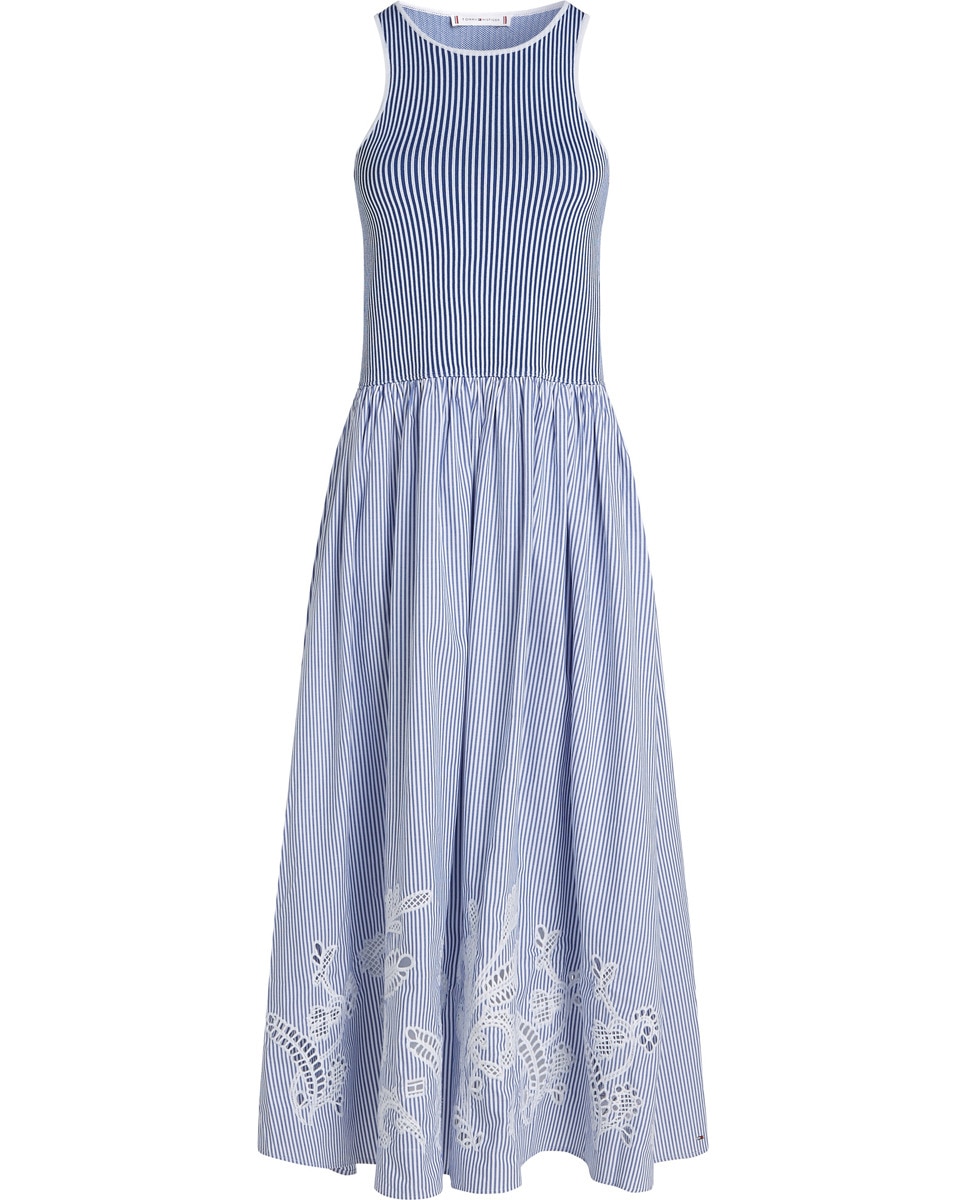 Vestido Midi sem Mangas e com Bordados Anglaise Azul-claro-5