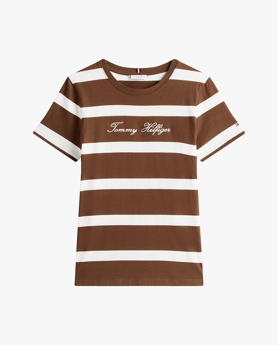 T-shirt de Manga Curta com Logótipo Cursivo Bordado Castanho-5
