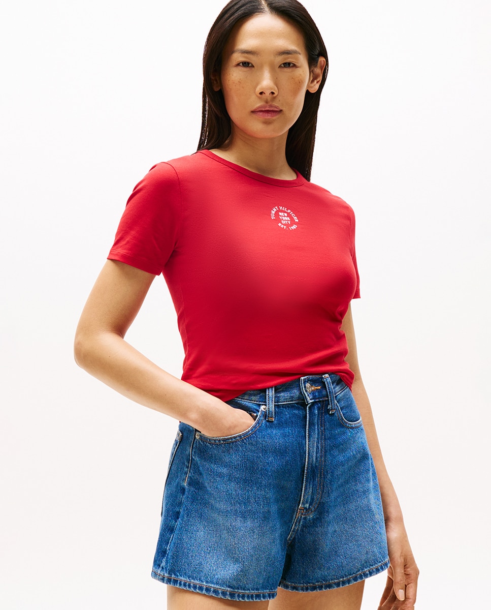 T-shirt de Manga Curta com Logótipo Central Vermelho-1