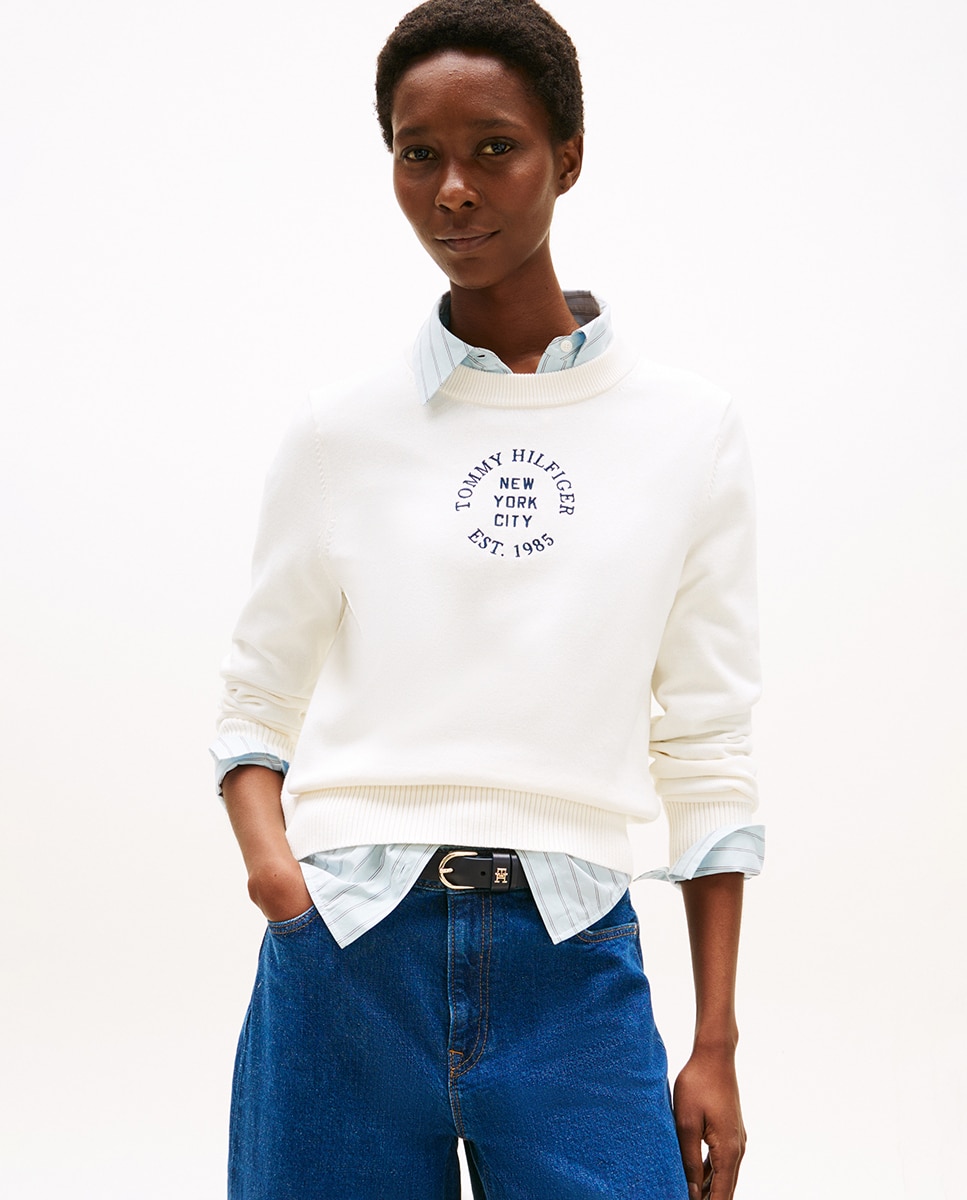 Camisola de Malha com Decote Redondo e Logótipo Bordado Branco-1