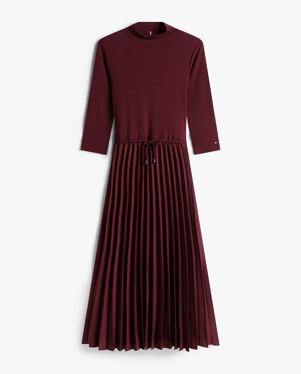 Vestido Midi de Corpo Canelado e Saia Plissada Bordeaux-5