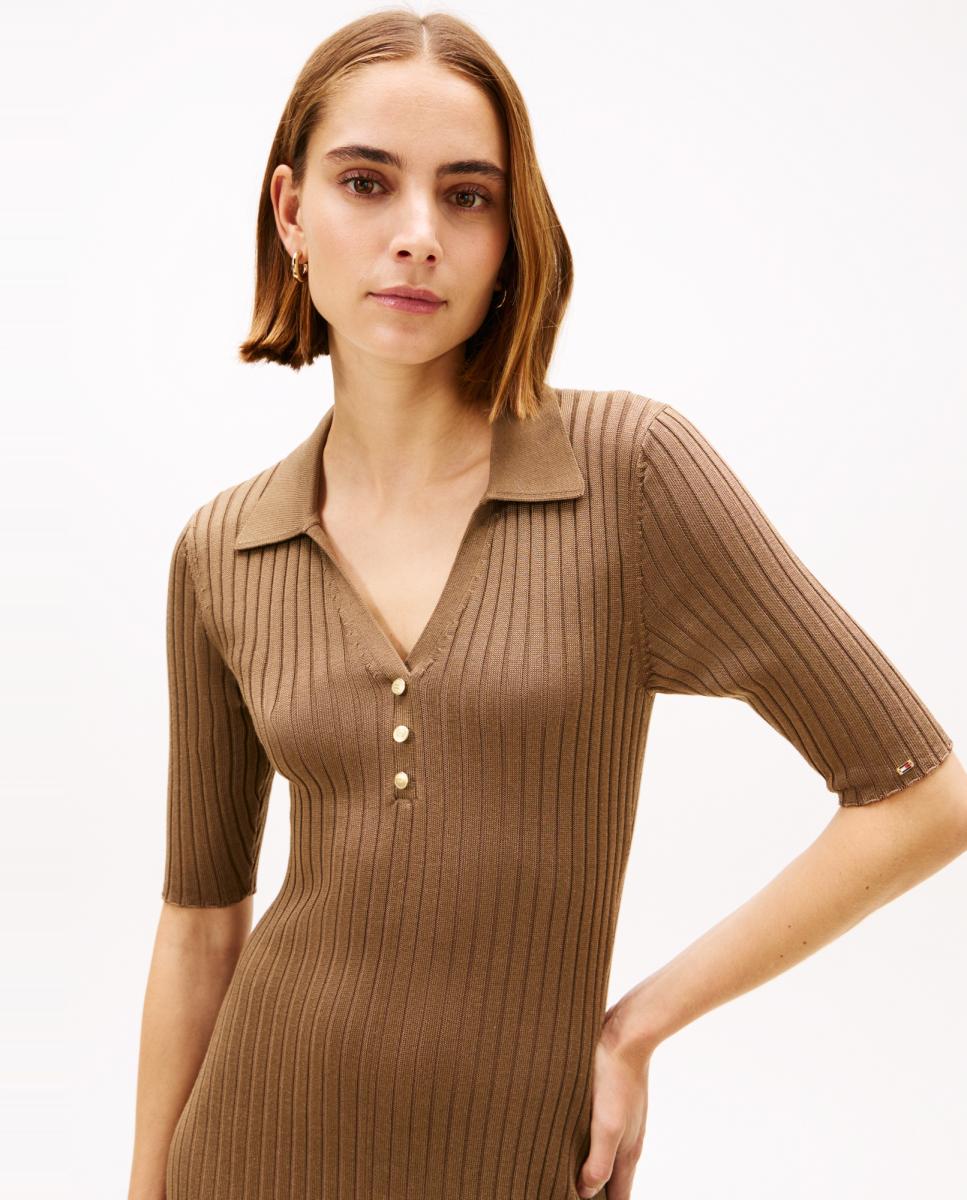 Vestido de Malha Canelada com Colarinho de Polo Camel-2
