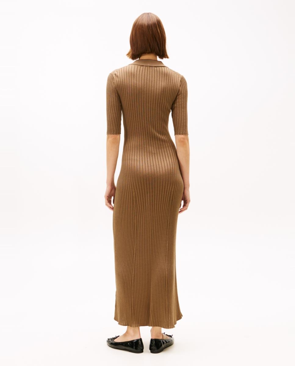 Vestido de Malha Canelada com Colarinho de Polo Camel-3