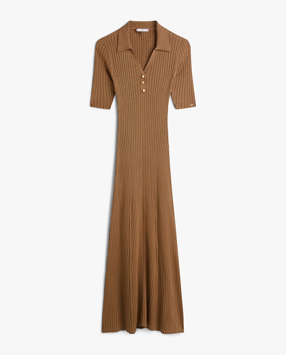 Vestido de Malha Canelada com Colarinho de Polo Camel-4