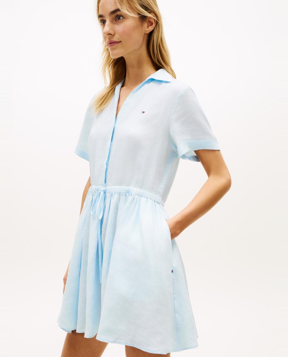 Vestido Curto de Linho com Manga Curta Azul-claro-2